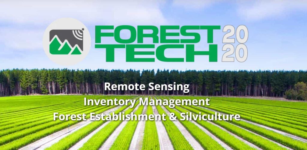 Rows of plants with trees in the background and ForestTECH 2020 logo