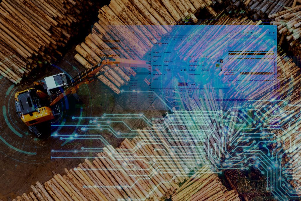 Computer image of digital forest operations using AI overlaid on photo of machine managing harvest