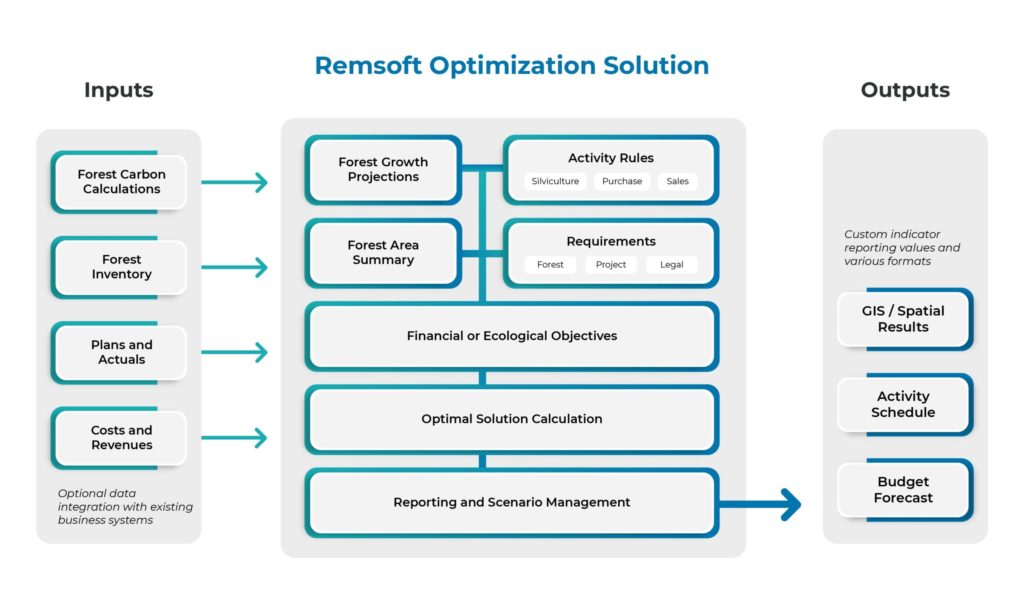A diagram of Remsoft's optimization modeling solution for carbon forestry