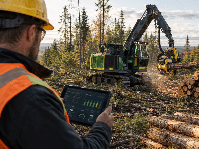 Forester checking stand data on a tablet in the field