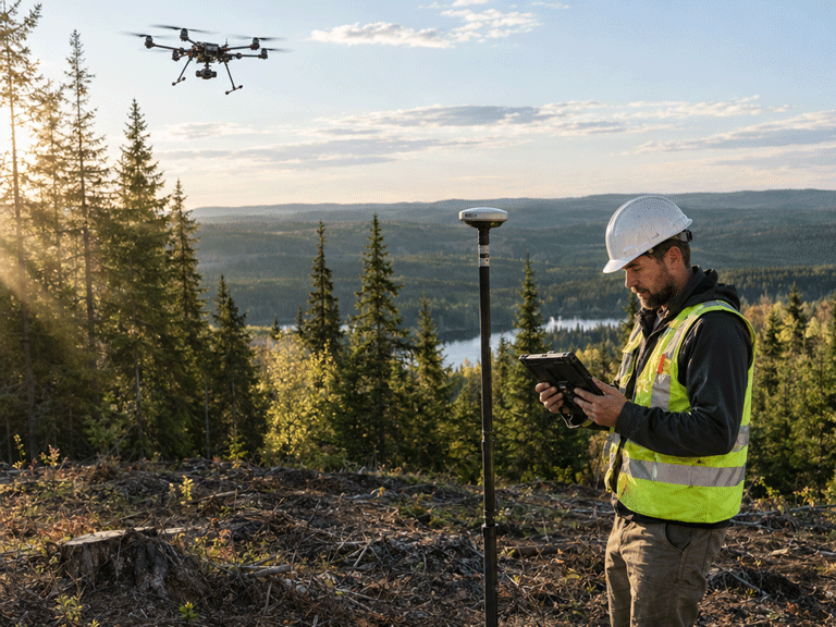 forestry technician using LiDAR drone in field